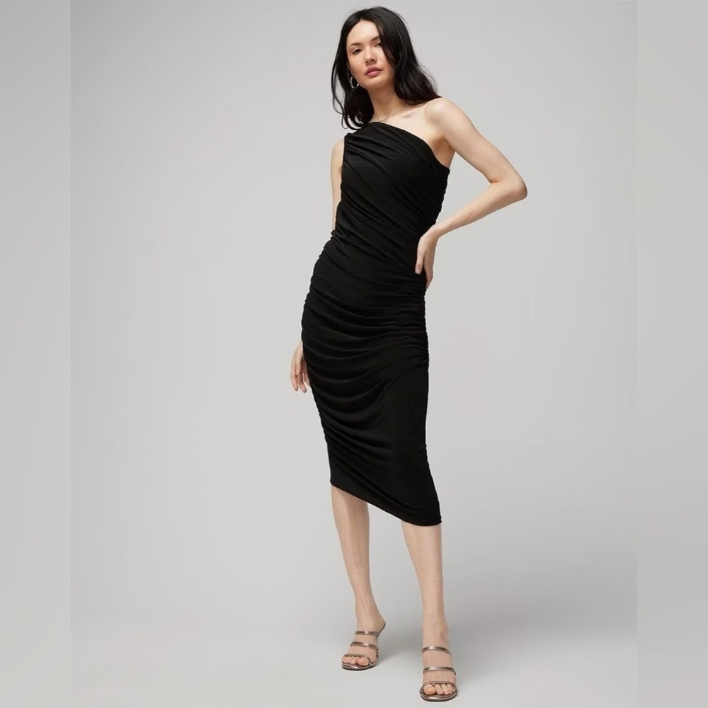 NWT - White House Black Market Shoulder Ruched Asymmetrical Midi Dress - Size M